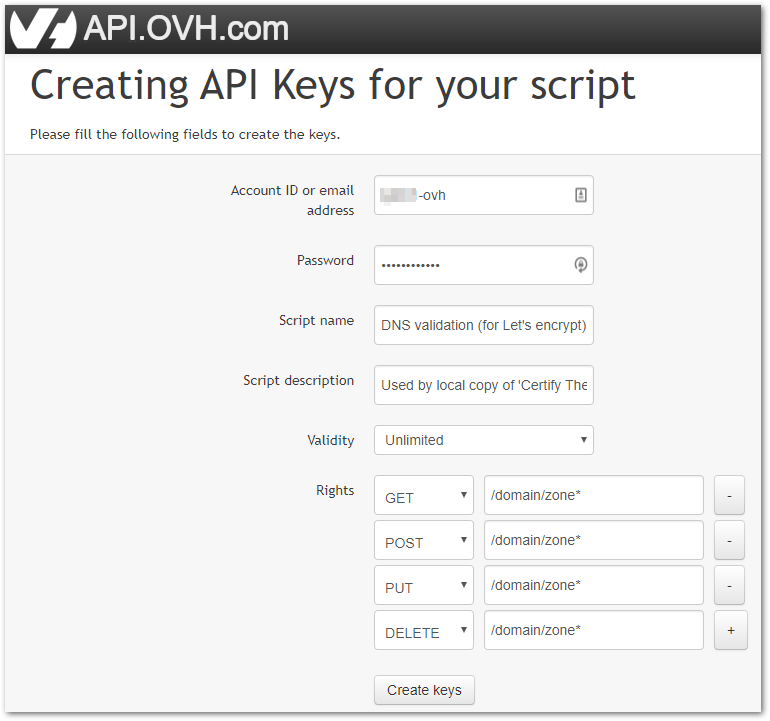 Filling the OVH form to create credentials