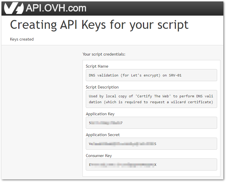 Save the OVH form to get credentials